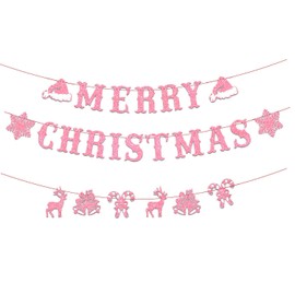 Merry Christmas Banner Decorations, Pink Snowflake, Party Supplies for Home, Outdoor, Indoor, Holiday, Fireplace Mantel (Pink)