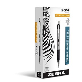 Zebra Pen G-301 Gel Pens 12-Pack, Black Ink, 0.7mm Medium Point, Stainless Steel Barrel, Comfortable Textured Grip, Secure Metal Clip, Short Length for Easy Pocket Storage (41310)