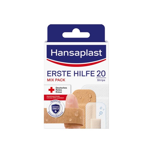 Hansaplast First Aid Plaster Mix (20 Strips), Plaster Set in Various Sizes, Ideal for Travel, Wound Plaster with Bacteria Shield