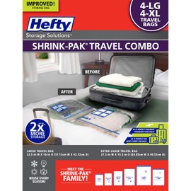 Hefty Shrink-Pak Travel Storage Bags – For Clothes, Pillows, Towels, Blankets & More – Space Saver Suction Sealer Bags for Luggage or Moving – 4 Large, 22.5x18 Inches, 4 XL, 27.5x 19.5 Inches