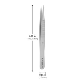 Excelta 40-S Straight Small Parts Handling Stainless Steel Tweezers w/ 0.015” Hole in Tips, Serrated Handle, 4.25" OAL, Switzerland-Made, Professional