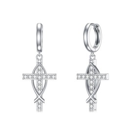 enjoylifecreative Kreuz Creolen Ohrringe für Frauen und Männer 925 Sterling Silber Jesus Fisch Kreuz Ohrringe Christliche Kreuz Schmuck Geschenk für Damen Herren