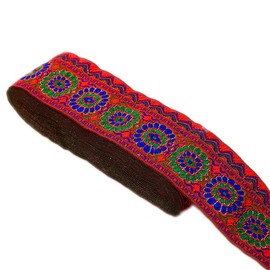 Cinta de jacquard con círculos florales, geométricos, emobridadas, tejida, flecos, para manualidades, ropa, accesorios, decoración, 5 cm de ancho por 7 yardas (rojo)