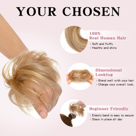TESSHAIR Human Hair Messy Bun Hair Piece Scrunchie Women’s Hair Pieces for Updos Style Wavy Hair Extension Scrunchie Golden Brown & Bleach Blonde Updo Hair Pieces for Women Girls #12P613