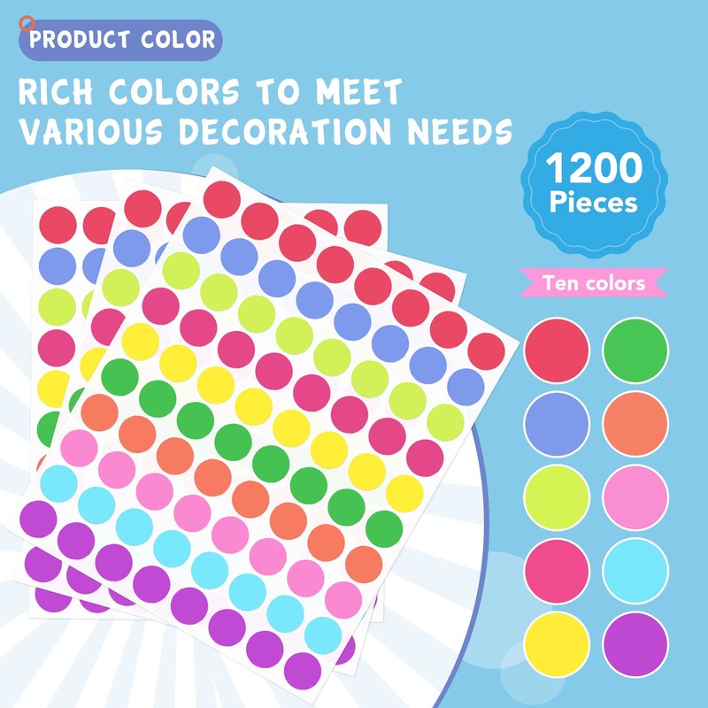 Dot Stickers, 1200 PCS 10 Color Style, 3/4 Inch Round,