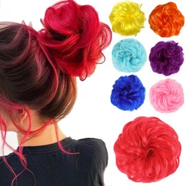 Kediciz Messy Bun Hair Piece Fake Hair Buns Scrunchies Extensions Synthetic 35g Thick Updo Hairpieces Curly Wavy Chignon Ponytail for Women Red