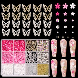 Symphonyw 3D Flower & Butterfly Nail Charms, 12pcs Gold & Silver Resin Nail Art Accessories