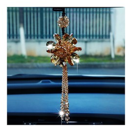Car Rear View Mirror Pendant, Bling Crystal Hanging Ornament, Fashion Car Accessories, Auto Rear View Mirror Hanging Decoration, Lucky Crystal Flower Interior Home Decoration (Gold)