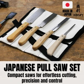 KAKURI Mini Japanese Pull Saw Set with Carrying Case - Ryoba Double Edge 5", Flush Cut 5", Dozuki Dovetail Fine Cut 5", Keyhole 3" - Made in Japan