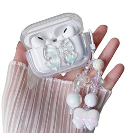 MINSCOSE Compatible with AirPods Pro Clear Case, Cute 3D Crystal Bow Knot Pattern Design with Bling Heart Beads Keychain, Soft TPU Shockproof Protective Case for Girls for AirPods Pro