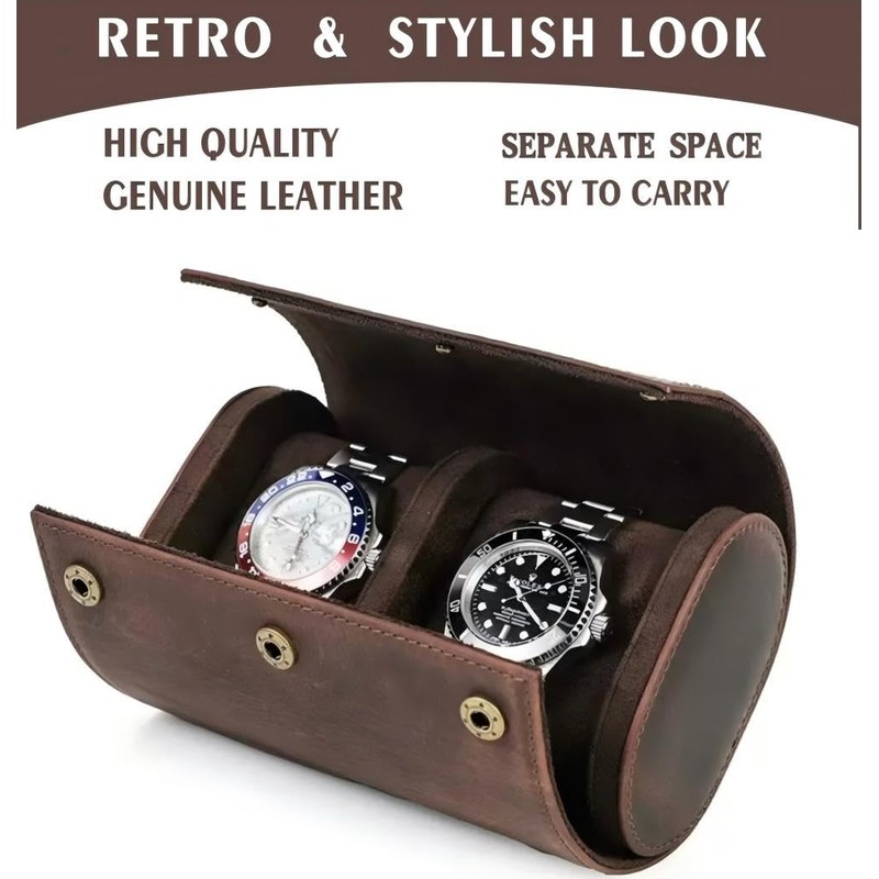 UPRESYE Genuine Leather Watch Roll Travel Case,2 Slots Full Grain