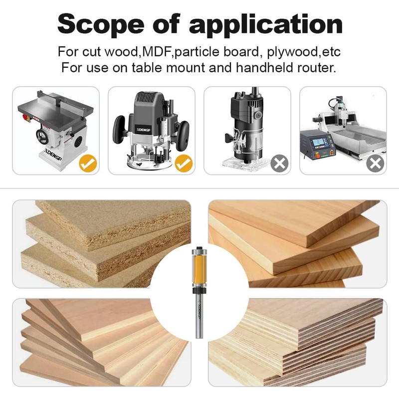 XDENGP Top and Bottom Bearing Flush Trim Router Bit 1/4