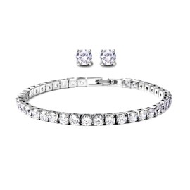 Shop LC Tennis Bracelet & Stud Earrings Set - Cubic Zirconia Jewelry Set for Women in Silvertone - 7" Bracelet Length Christmas Gifts for Women