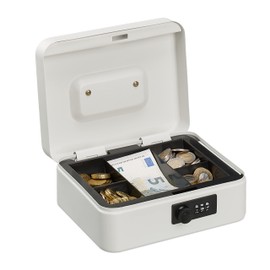 Relaxdays Cash Box, 3-Digit Number Combination, Coin Insert, Iron Money Box, Cash Box, HBT 8.5 x 20 x 17 cm, White