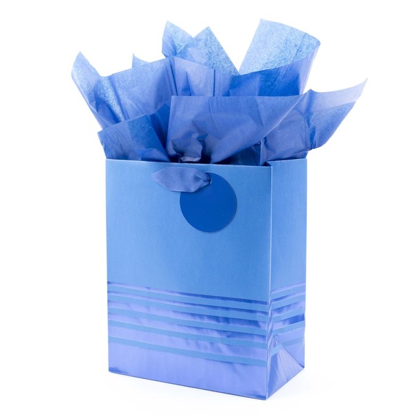 Hallmark 9" Medium Gift Bag with Tissue Paper (Blue Foil Stripes) for Hanukkah, Christmas, Father's Day, Graduations, Birthdays, Baby Showers and Weddings