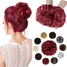 Felendy Messy Bun Hair Piece Wavy Curly Scrunchies Fluffy Donut Thick Updo Elegant Chignon Hairpieces for Women Girls, Dark Red 1.4oz