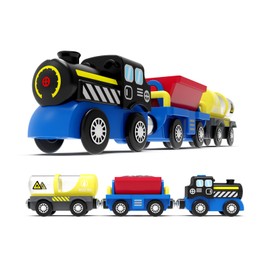 MykaFort PowerHauler Express Battery Operated Train for Wooden Tracks – Classic Cargo Steam Engine Toy with 3 Magnetic Cars – Compatible with All Major Brands – Light & Sound – Gift for Kids Ages 3+