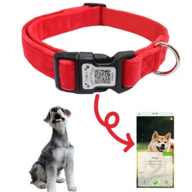 THAIN Smart QR Code Dog Collar-Nylon & Velvet Pet Collar with Unique ID Registration, Adjustable Plastic Buckle for Small Dogs–Black, Red, Pink, Yellow (Red, S)