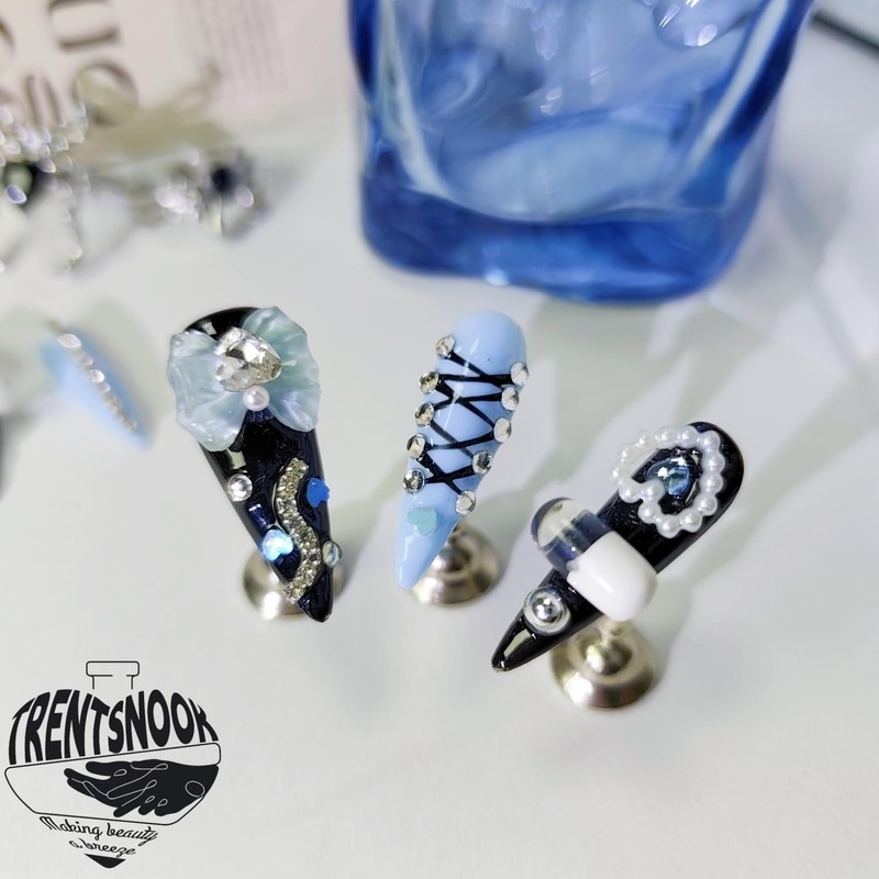 TRENTSNOOK 10 Pcs Handmade Mine Nail Tips Reusable Blue and