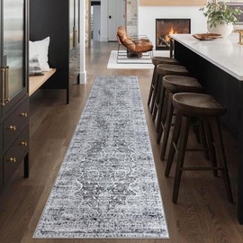 KUTA Runners for Hallways 2x8 Grey White, Vintage Floral Kitchen Rugs Non-Slip Washable Ultra Soft Printed Retro Oriental Flower Carpet Entryway Runners for Bedroom Living Room