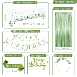 BamLue Sage Green Birthday Decorations, Green Gold Balloons Happy Birthday Party Supplies Birthday Décor Banner Green Fringe Curtain Tablecloth Birthday Crown Sash Paper Pom Poms for Girls Women
