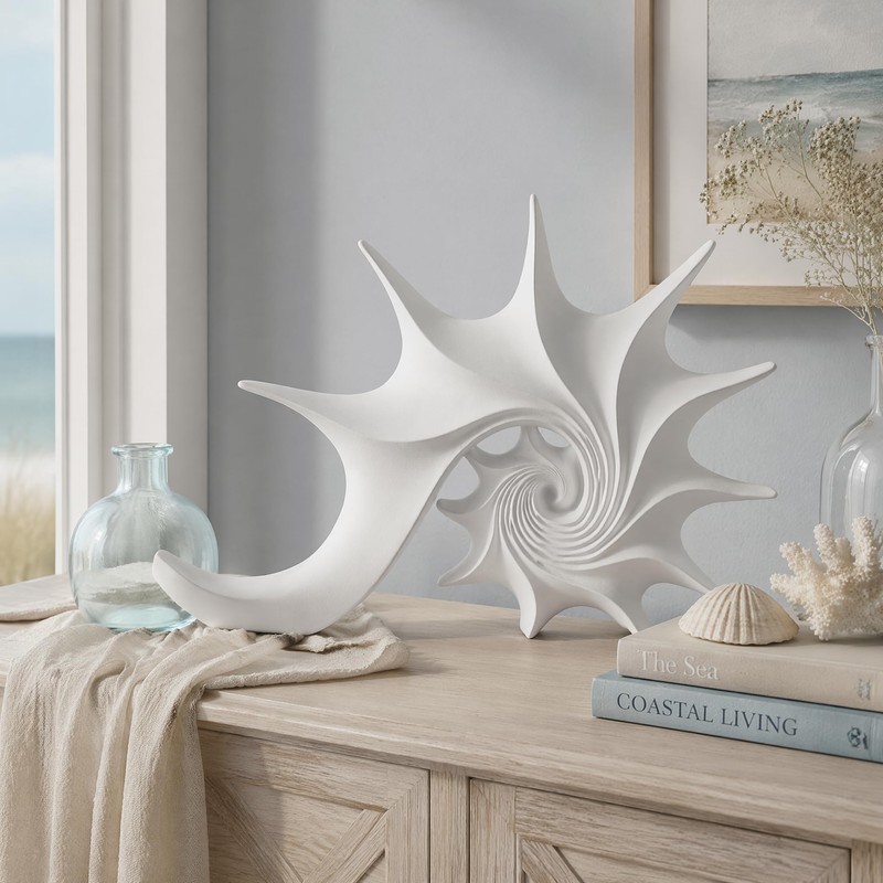 Coastal Nautical Beach Decor White Conch Resin Statue
