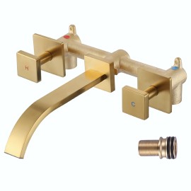 Wall-Mounted Bathroom Sink Faucet Brushed Nickel Waterfall Bathroom Faucet Solid Brass Wall-Mounted Washroom FaucetColor: Gold, Surface Finishing: Brushed Gold