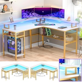 Homieasy L Shaped Computer Desk Reversible Corner Desk Office Desk with Power Outlet LED - White