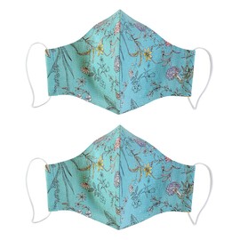 2Pack Cotton Linen Rayon Reusable Washable Adjustable Metal Strip Face Mouth Mask Double Layer Anti-Dust Fashion Flower Floral Outdoor Cloth Cover (Sky Blue)