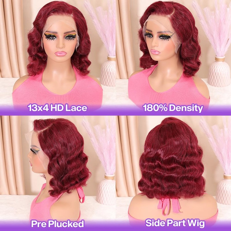 HUIWANYAN 12 Inch 99j Burgundy Bob Wig Human Hair 13x4