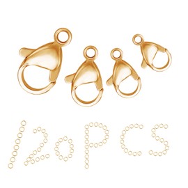 SUNNYCLUE 1 Box 120Pcs 18K Gold Plated Lobster Clasp and Jump Rings Stainless Steel Lobster Claw Clasp 9mm 10mm 12mm 15mm Hypoallergenic Jewelry Findings for DIY Necklaces Bracelet Keychain Making