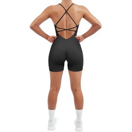 RXRXCOCO Spaghetti Strap Sleeveless Ribbed Push Up Scrunch Booty Jumpsuit Women's Tight Backless Padded Jumpsuit Tummy Control Short Yoga Sports One Piece Romper, black