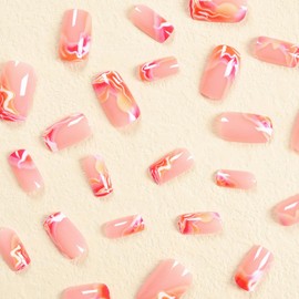MISUD Press on Nails - Short Square Glue on Nails with Summer Ombre, Acrylic Pink Orange Design 24 pcs
