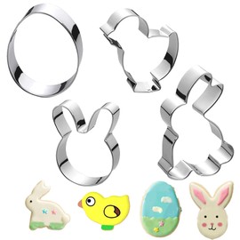 UOUYOO Easter Cookie Cutter Set - 4 Stainless Steel Cutters 4 different shapes including eggs, chicks, bunnies and bunny faces to help you make the perfect Easter-themed cookies