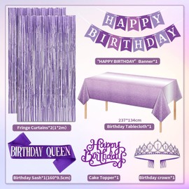 Purple Birthday Decorations, Purple Party Decorations, Pink and Purple Balloons Happy Birthday Banner Birthday Sash and Crown Tablecloth Fringe Curtain Paper Pom Poms for Kids Women Girls Bday Decor