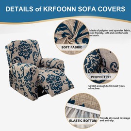 KRFOONN Stretch Recliner Slipcovers Printed Recliner Chair Covers 4-Piece Lazy Boy Chair Covers Non Slip Reclining Furniture Protector Sofa Couch Cover with Storage Pocket for Living Room, ColorA61