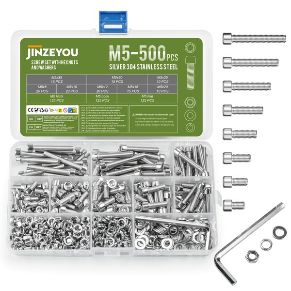 500 Piece M5 Screws Set, Hexagonal Screws Nuts Set, Stainless