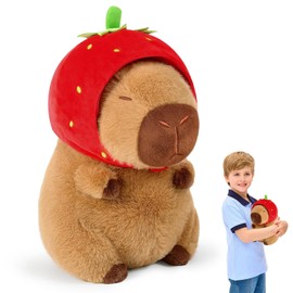 Peluche Capybara, Animal de Capibara Peluche con Sombrero de Fresa, Regalo de muñeca de Peluche de Capibara Realista y Lindo, Regalo Perfecto de Cumpleaño (Fresa Capibara)