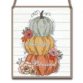 Blessed Grateful Fall Decor - Wooden Pumpkin Signs for Harvest Thanksgiving Home, Farmhouse, Living Room, Pumpkin Door Sign, Entryway Wall Decor