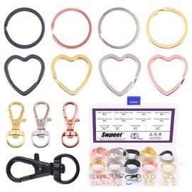 Swpeet 60Pcs Round and Heart Shape 4 Colors Key Rings O Rings with Metal Swivel Lobster Claw Clasp Keychain Assortment Kit, Flat Keychain Rings Metal Split Key Rings Jump Ring Leather