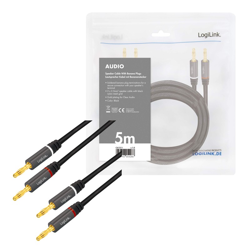 LogiLink CA1211 Speaker Cable 2x 2 Banana Plugs with Gold-Plated