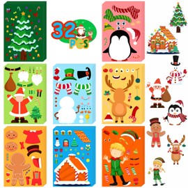 LINAYE 32 Sheets Christmas Stickers Crafts for Kids Toddlers, 8 Styles Make Your Own Christmas Stickers Goodie Treat Bag Stuffers Christmas Game Activities for Kids Toddlers Christmas Party Favors