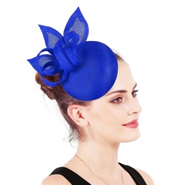 ORIDOOR Sinamay Fascinator Flower Feathers Pillbox Hat Headband Hair Clips for Derby Cocktail Wedding Tea Party, D2 Royal Blue, One Size
