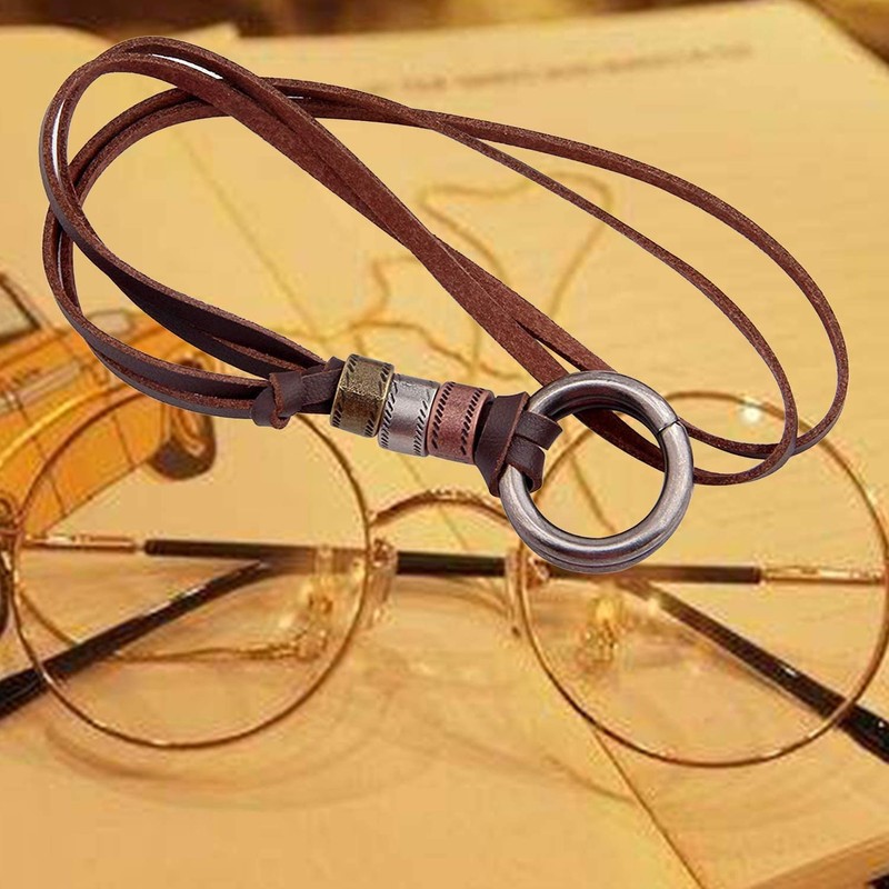 ENSIANTH Glasses Holder Necklace O-Ring Adjustable Leather Cord Necklace, A,
