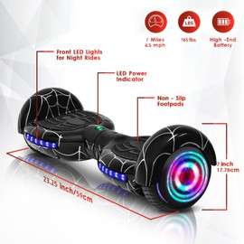 EMAXUSA, Spider-Pattern Hoverboard for Kids Ages 6-12, with Bluetooth Speaker and LED Lights 6.5" Hover Board, UL2272 Safety Certified (Black)