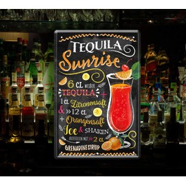 Schilderkreis 24 Tin Signs Cocktail Recipe "Tequila Sunrise" Decorative Metal Sign for All Bar Counter or Pub Owners Gift for Birthday or Christmas 20 x 30 cm