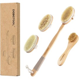 DEBETOOL Dry Brushing Set - Natural Boar Bristle Body & Face Brush, Wooden Off-white