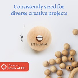 Large Wooden Beads for Crafts - Pack of 25 51mm 2 x 1/2 Inch Hole Large Wood Beads for Crafts withHoles for DIY | Round Wooden Balls for Crafts | Wood Beads for Jewelry Making | Woodpeckers