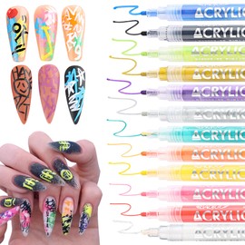 FSpronail Nail Art Pens 12 Colors Nail Polish Pens for Nail Art 3D Nail Art Paint Acrylic Pen Graffiti Drawing Painting Point Liner Pen Set for DIY Manicure Salon Supplies Tools
