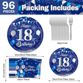 90th Birthday Decorations for Men, 96PCS 90th Birthday Plates and Napkins 90th Birthday Party Decorations for Men Blue and Silver Men 90th Birthday Party Supplies for 90 Year Old Men Serves 24